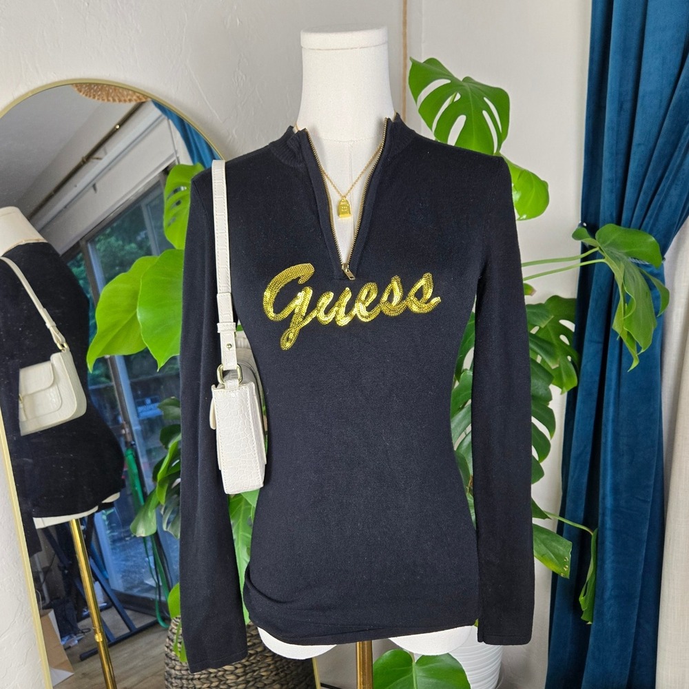 Guess 1/4 Zip Pullover Sweater Gold‎ Sequin Logo Long Sleeve Top Size S